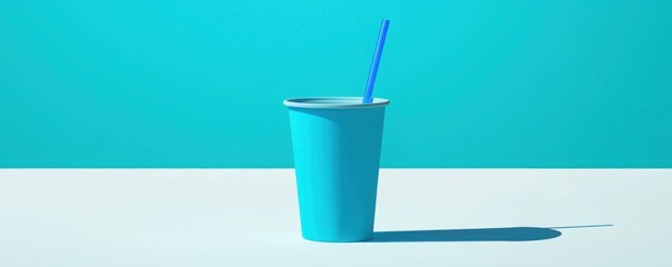 A minimalist, turquoise cup with a blue straw sits against a matching background, casting a subtle shadow on a white surface.