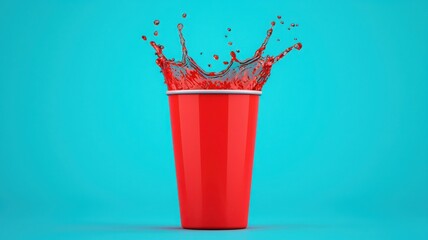 A red cup splashes water against a vibrant blue background, capturing a dynamic moment of motion and color.