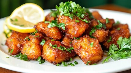 Fototapeta premium A plate of crispy, golden-brown breaded chicken cutlets garnished with fresh parsley and served with lemon slices.