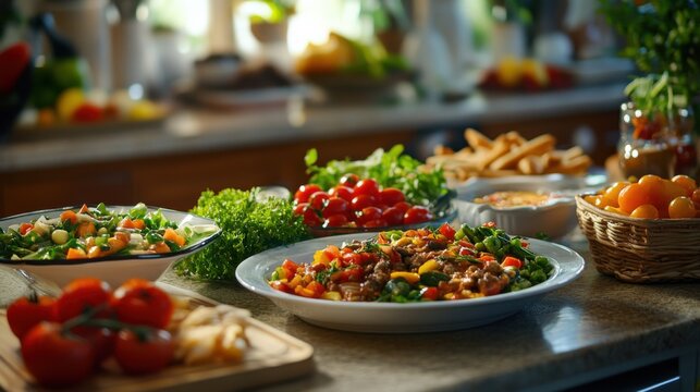 A diabetic-friendly meal, in a well-lit, organized kitchen