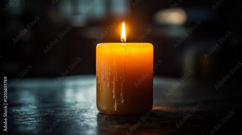 Poster in a dimly lit room, a solitary candle stands tall, its warm glow casting soft shadows. drips of wax