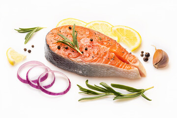 Raw salmon steak surrounded by various spices on white background