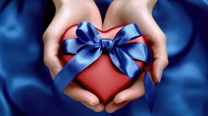 A pair of hands gently cradling a red heart-shaped object adorned with a light blue ribbon,