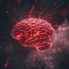 Obraz premium A human brain immersed in translucent liquid, red light pulsating from synapses, surrounded by faint smoke and fine energy particles