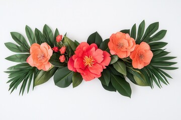 Obraz premium Wedding planners designing floral arrangements. Colorful floral arrangement with leaves on a white background.