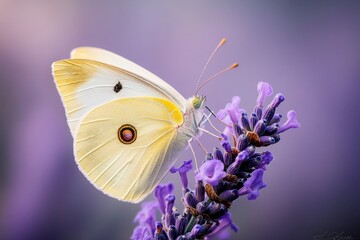 Naklejka premium A xanthous butterfly resting on a purple lavender flower, with intricate details of its wings visible