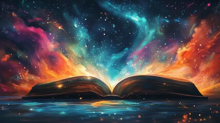 A magical illustration of a book releasing colorful wonders, symbolizing creativity and imagination. Ideal for storytelling and fantasy-themed projects.