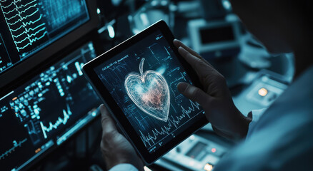 Fototapeta premium A healthcare professional examines heart data on a tablet in a modern medical facility. The advanced technology highlights vital signs through visual representations.