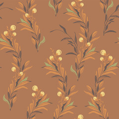 Vector seamless elegant winding vertical berries branches ornament pattern with golden caramel leaves on a neutral mocha mousse color background.