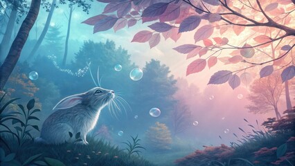 Obraz premium Rabbit Gazes at Floating Bubbles in Enchanted Forest Atmosphere