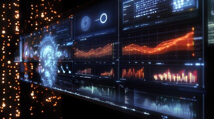 A high-tech interface displaying overlapping layers of data graphs, sound wave patterns, and 3D visualizations of AI models.