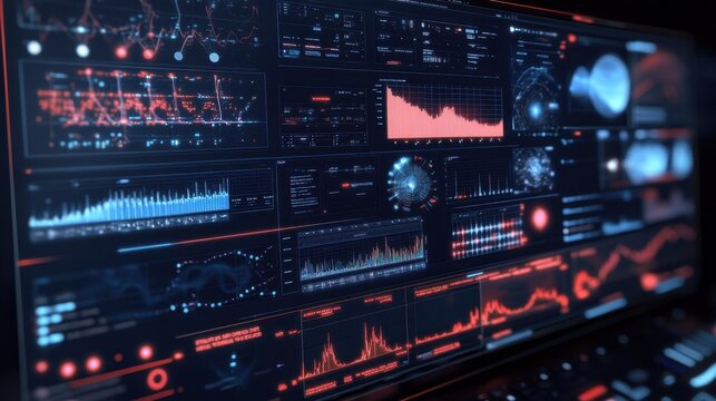 A high-tech interface displaying overlapping layers of data graphs, sound wave patterns, and 3D visualizations of AI models.