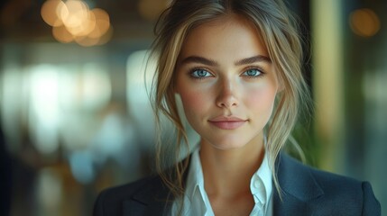 A smiling businesswoman standing in a modern office, representing leadership, confidence, and corporate success, ideal for business campaigns and leadership content.