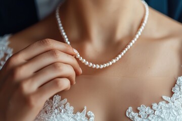 Intimate wedding concept with a charming and elegant bride. A close-up of a bride adjusting a pearl necklace, showcasing elegance with her delicate gown adorned with lace details.