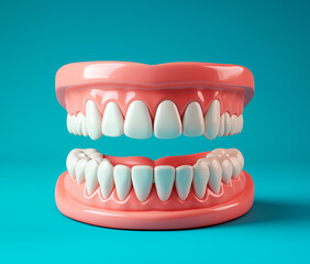 Obraz premium Complete Set of False Teeth (Dentures) with Pink Gums, Centered on a Teal Background