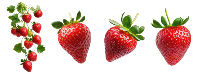 Fresh strawberries and strawberry vine isolated on transparent background