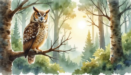 Obraz premium Watercolor owl on tree branch in dense forest with soft filtered light