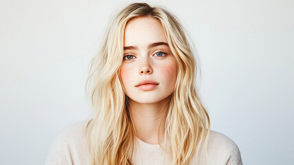 Naklejka premium young woman with long, wavy blonde hair and freckles, gazing softly at camera. Her natural beauty is highlighted against light background, creating serene atmosphere