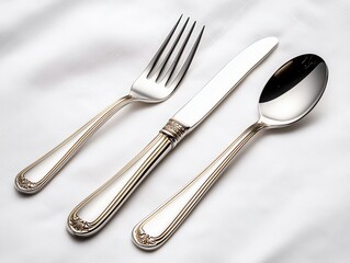 Concept of Intimate weddings shine with thoughtful decor. A polished set of cutlery including a fork, knife, and spoon, elegantly arranged on a soft white surface.