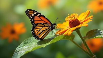 Fototapeta premium Monarch Butterfly on Vibrant Orange Flower in a Lush Garden Setting