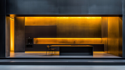 Obraz premium modern kitchen featuring sleek black cabinetry and warm yellow lighting, creating stylish and inviting atmosphere. minimalist design emphasizes functionality and elegance