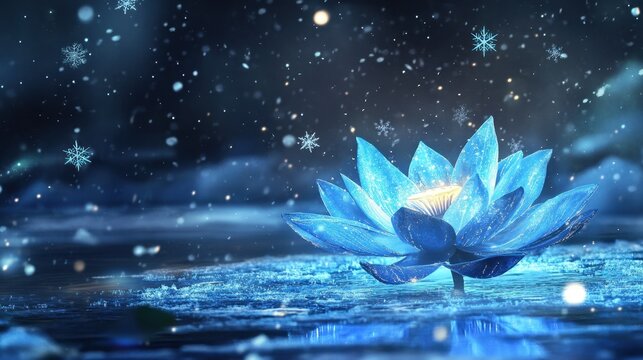 A magical scene of a glowing blue lotus blooming atop a frozen pond, with snowflakes gently falling around it.