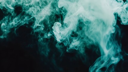 Abstract Close-Up of Green Smoke Swirling Gracefully on a Black Background with Plenty of Space for Copy, Creating a Mysterious and Dreamy Atmosphere