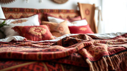 Cozy Bedroom Decor: Red and Orange Ethnic Blanket and Pillows.  Bohemian Interior Design, Home Decor, Comfortable and Warm Atmosphere.