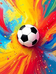 Soccer ball with confetti and colorful background