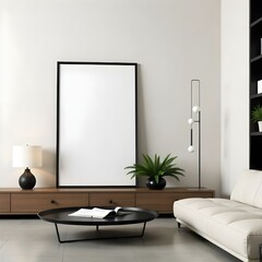 3d model, octane render volumetric, highly detailed videogame, A modern interior scene featuring a large, empty black-framed mirror leaning against a light-colored wall. 