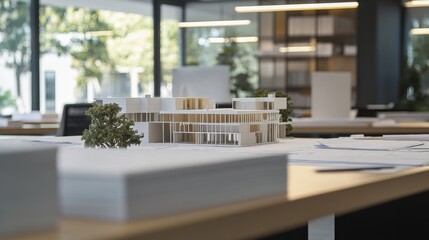 A contemporary architecture office with scale models and blueprints on large tables, Architecture office scene, Innovative and professional style