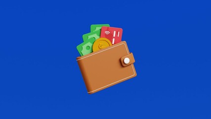 Digital wallet payment icon. Online wallet or trading wallet, secure banking, e-commerce, investment. Online money transaction application wallet. 3D wallet icon on blue background. 4K 3D animation