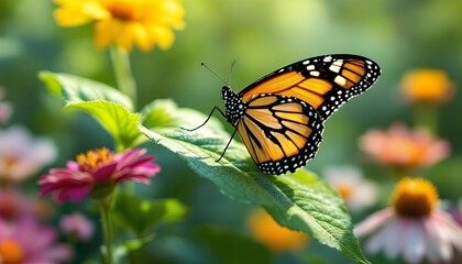 Fototapeta premium Monarch Butterfly Resting on a Leaf in a Vibrant Garden Setting