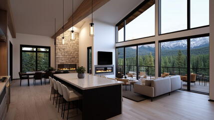 Fototapeta premium Modern house interior with large windows and mountain view