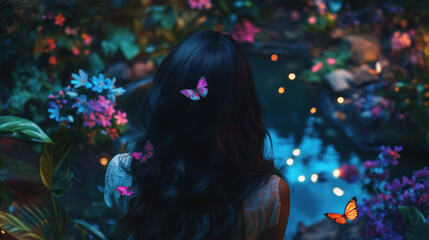view from behind of brunette ethnic woman looking at water surrounded by flowers butterflies at night blue neon glow nature scene fairy magical fantasy