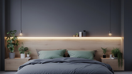 Modern bedroom with wooden headboard, green pillows, and stylish plants. warm lighting creates cozy atmosphere, perfect for relaxation and comfort