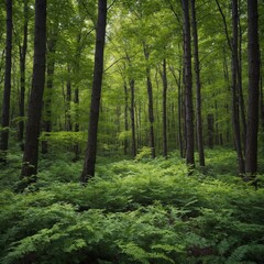 Fototapeta premium A forest transitioning from pastel spring colors to darker summer greens.