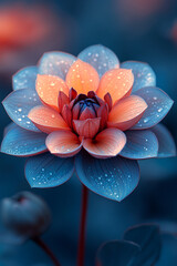 Dewdrops adorn a vibrant blue and orange dahlia flower