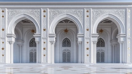Fototapeta premium Elegant White Building With Ornate Arches And Golden Stars
