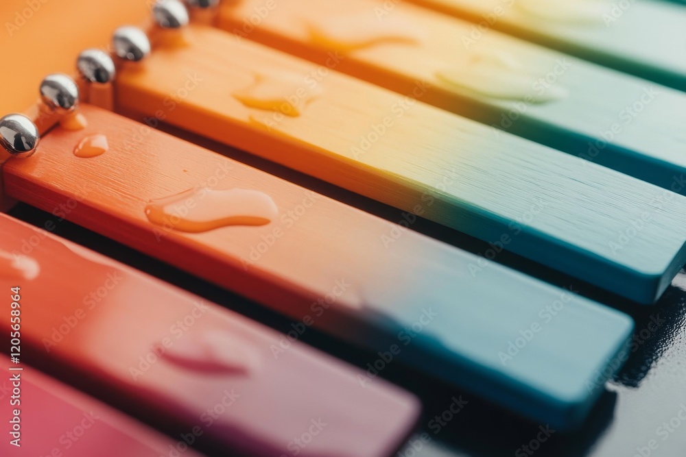 Poster a close-up of rainbow-colored xylophone bars with the reflection of a child smiling face in the glos