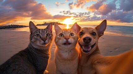 A cat wearing a purple collar is taking a selfie at sunset with two dogs in the background.
