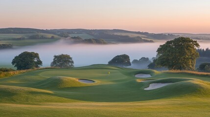 Fototapeta premium Misty hills with the first light of day glowing softly on the horizon.