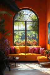 Fototapeta premium Tropical View Living Room Orange Sofa Decor