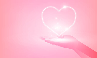 Abstract Happy Valentine's days hand holding neon heart pink background with for vector poster design