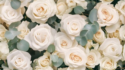 Elegant white roses intertwined with lush eucalyptus leaves, romantic floral design, seamless pattern, perfect for sophisticated decor