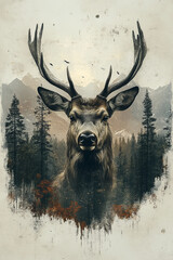 Majestic Stag Before Mountainous Winter Forest Landscape