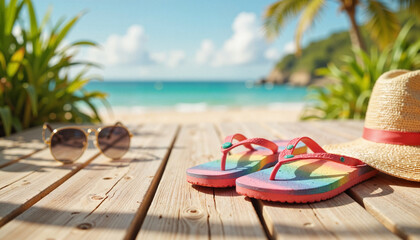 Colorful flip-flops and straw hat on wooden deck by the beach