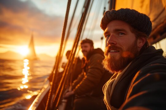 A crew preparing a yacht for departure, with ropes being untied and sails being adjusted under a bright morning sky