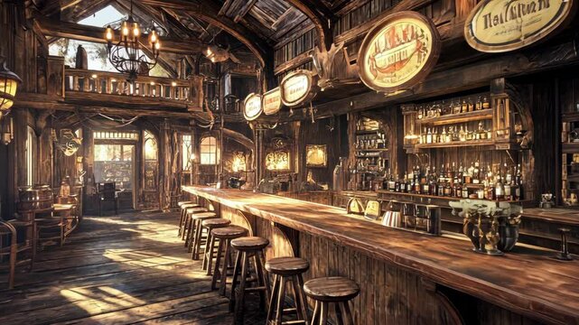 Rustic bar interior featuring wooden decor and warm lighting in a cozy tavern setting