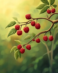 Obraz premium Raspberry branch with berries in realistic raw style illustration